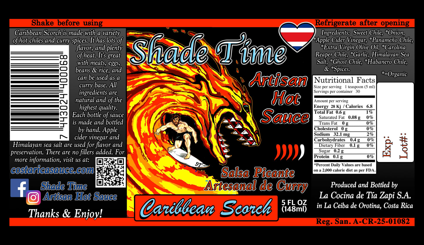 Shade Time Caribbean Scorch hot sauce ingredients. Shade Time Caribbean Scorch hot sauce label.