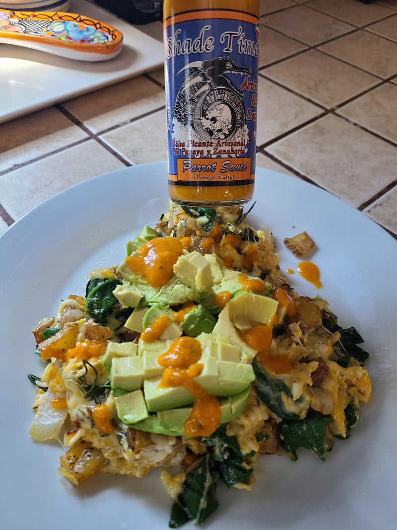 "Breakfast scramble with Shade Time Parrot Sauce"