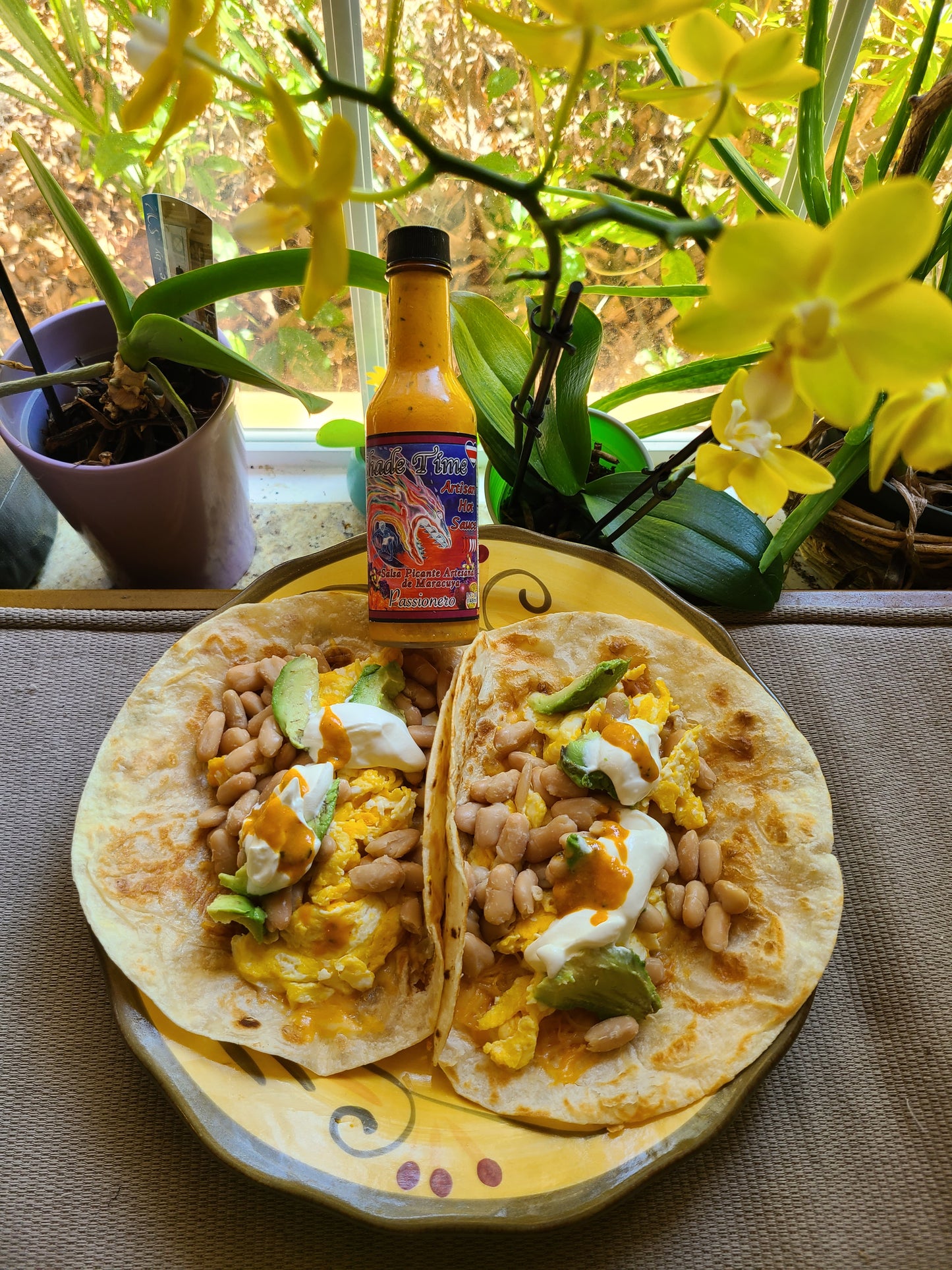 "Breakfast tacos with Shade Time Passionero hot sauce"