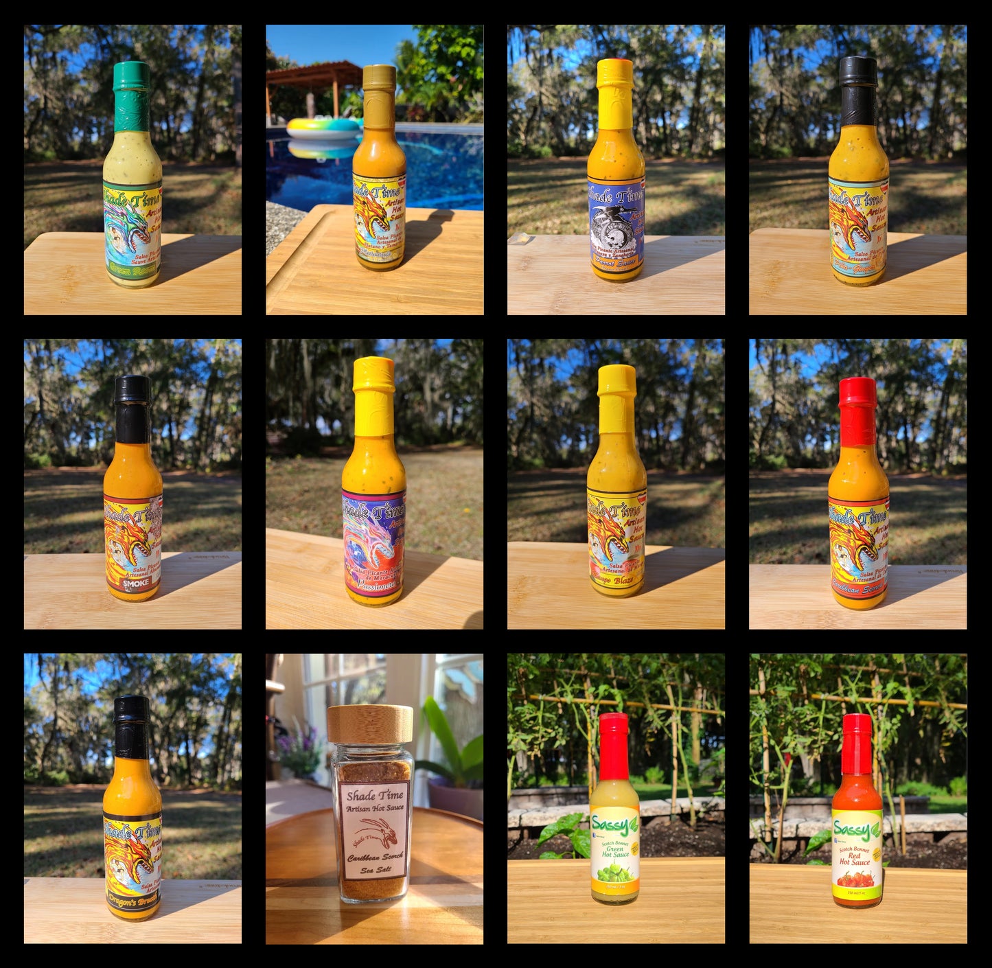 The 12er complete hot sauce gift pack with 9 sauces, salt, and Sassy Scotch Bonnets. Shade Time 12-pack with hot sauces and artisan spicy sea salt