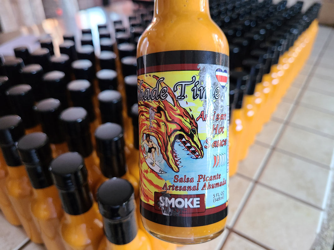 "Medium heat hot sauce with deep smoky flavor by Shade Time"