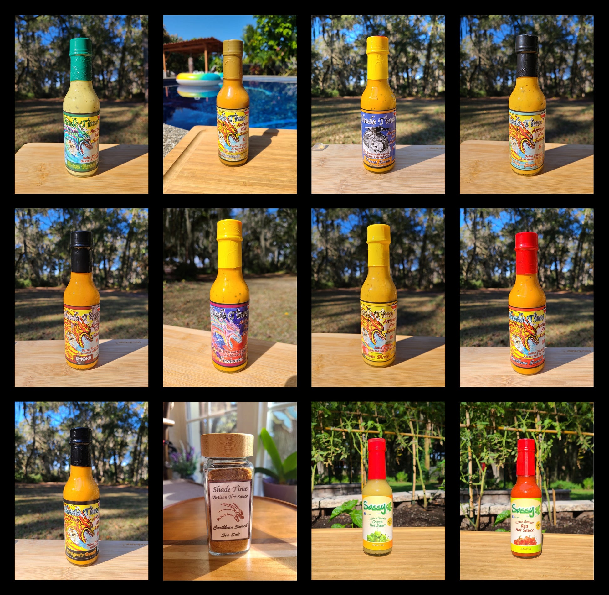The 12er complete hot sauce gift pack with 9 sauces, salt, and Sassy Scotch Bonnets. Shade Time 12-pack with hot sauces and artisan spicy sea salt