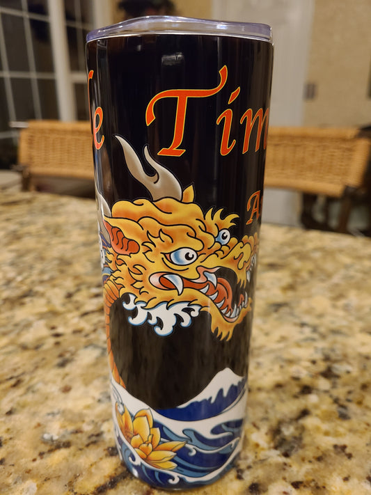 "Double-wall hot and cold drink tumbler featuring Shade Time branding"