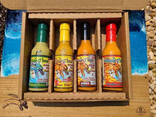 Shade Time 4-pack hot sauce set with 5 oz bottles of popular flavors
