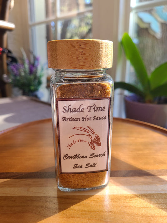 Caribbean Scorch spicy sea salt with bamboo cap in 4 oz glass jar