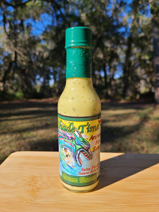 Bottle of Shade Time Green Room Mexican style mild hot sauce 