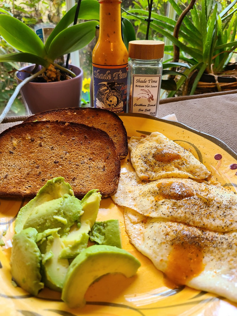 Shade Time Parrot Sauce and Caribbean Scorch Sea Salt on eggs