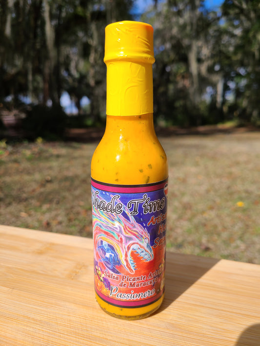 Passionero hot sauce bottle with passion fruit and Habanero chiles