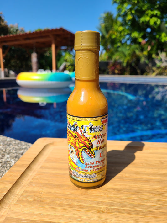 Platarindo hot sauce bottle with plantains and tamarind fruit